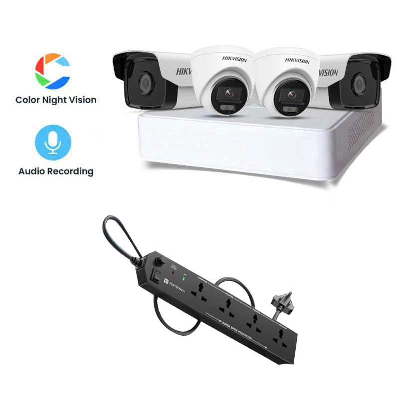 Picture of Hikvision 4 CCTV Cameras Combo (2 Indoor & 2 Outdoor CCTV Cameras) (Colour's View with mic) 👨🏻‍🔧 With CCTV Installation + 4CH DVR + HDD + Accessories + Power Supply + 90m Cable + Power Extension Board